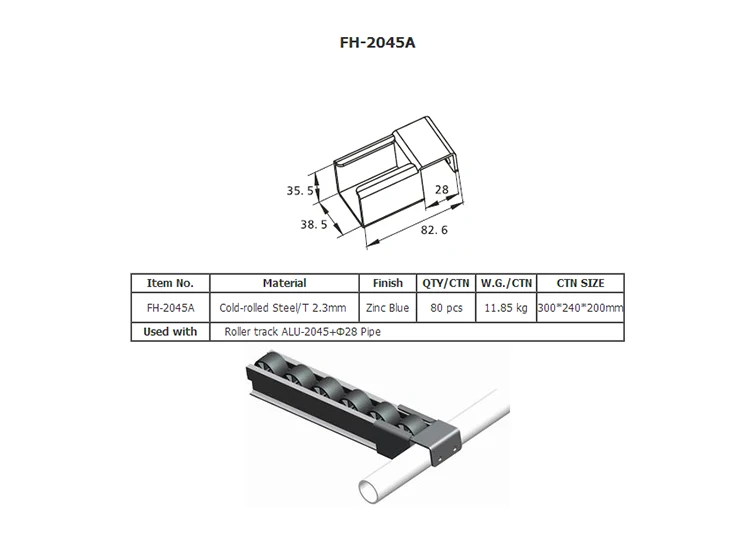 Factory supplied roller track joint for flow racks and gravity conveyors system FH-2045A