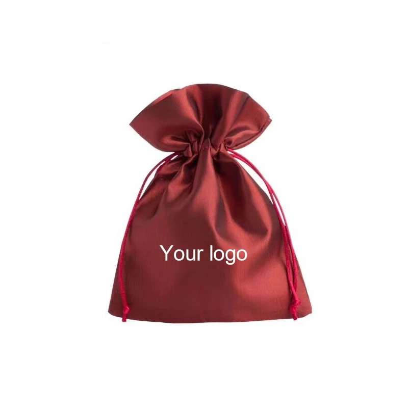 Private label plastic hair wig packing bag,custom logo soft fabric glossy silk stain packaging bag with drawstring for jewelry