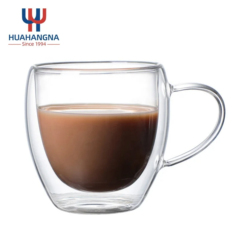 Handblown High Borosilicate Transparent Glass Drinking Mug Double Wall Glass Coffee Cup with Handle