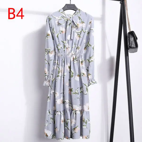 S-3XL 31 colors Spring Summer Custom Logo Long Sleeve Floral Printed Polka Female Midi Casual Chiffon Dresses for Women