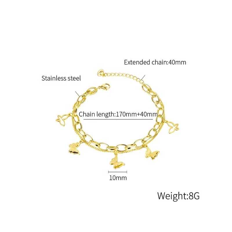 Low MOQ Double Layered Bracelet Oval Chain Cuban Link Chain Gold Bracelet Stainless Steel Butterfly Bracelet for Gift