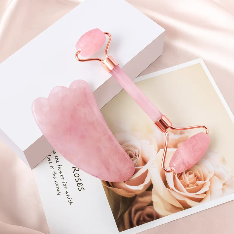 
Rose Quartz Roller and Gua Sha Set in 100% Real Rose Quartz Roller For Face and Rose Quartz Gua Sha Scrapping Tool 
