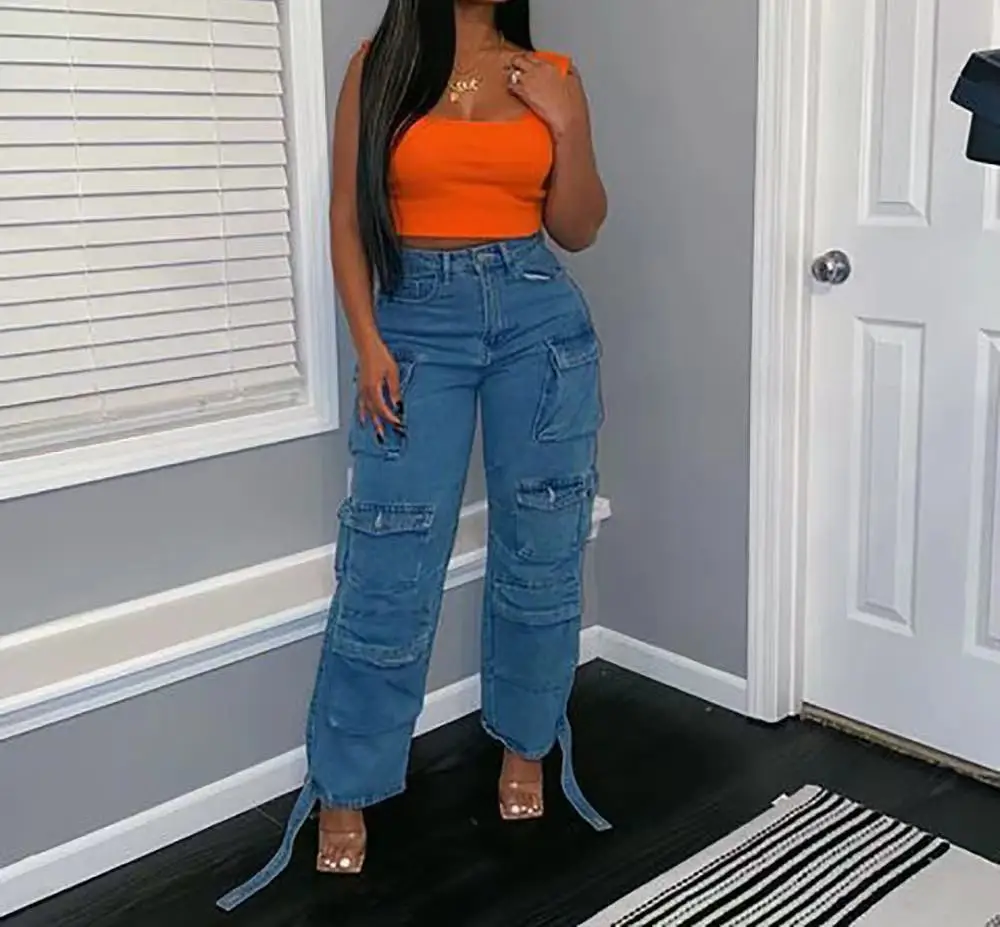 High Quality Streetwear Cargo Jeans Women Solid Color Wide Leg Pants Overall Baggy Jeans For Women 2024 Fall