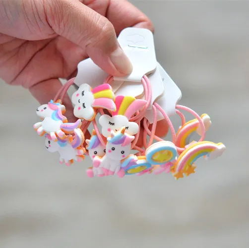 New Cute Hair Accessories Unicorn Rainbow White Horse Hair Ties For Kids Candy Tie Leather Band Kids Elastic Hair Ties