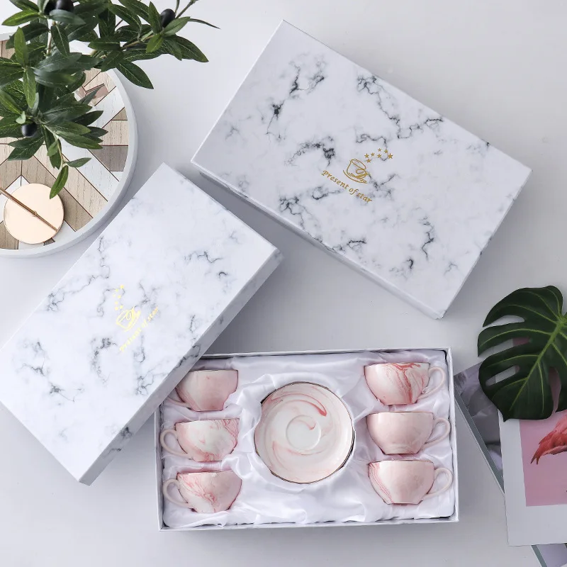 Pink Ceramic Tea Cup Set Marble Design Cups and Saucers