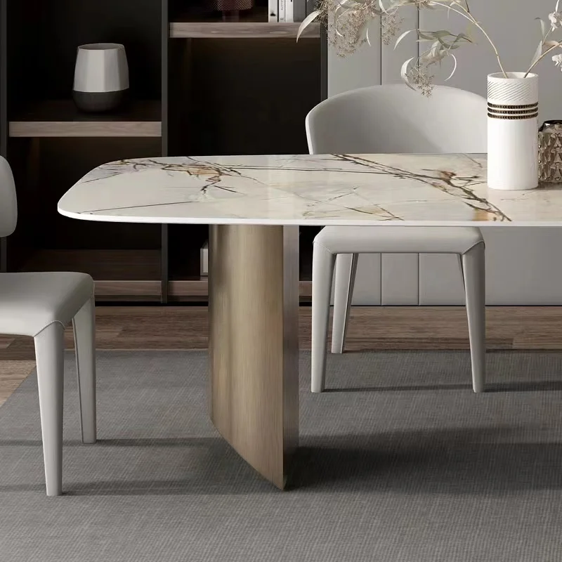 Luxury metal dining table unique shape dining table designs marble top long sintered stone rock dinner table villa house garden