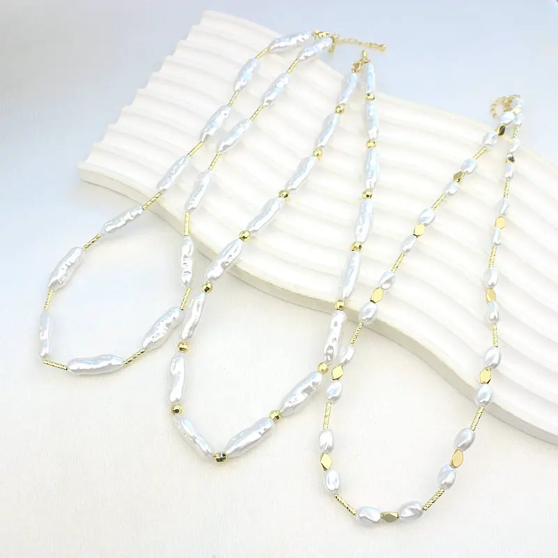 CH-LHN1137 Trendy Plastic Pearl Necklace Gold Plated White Plastic Pearls Gold Beads Necklace Wholesale Plastic Pearl Necklace