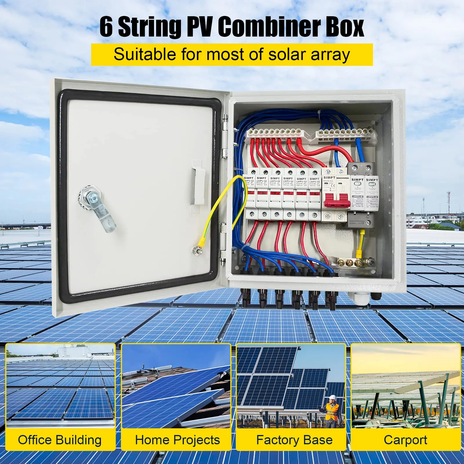 6String Metal Solar Combiner Box DC Solar Panel PV Junction 63A Circuit Breaker IP65 Waterproof Fuse Lightning Protect Indicator