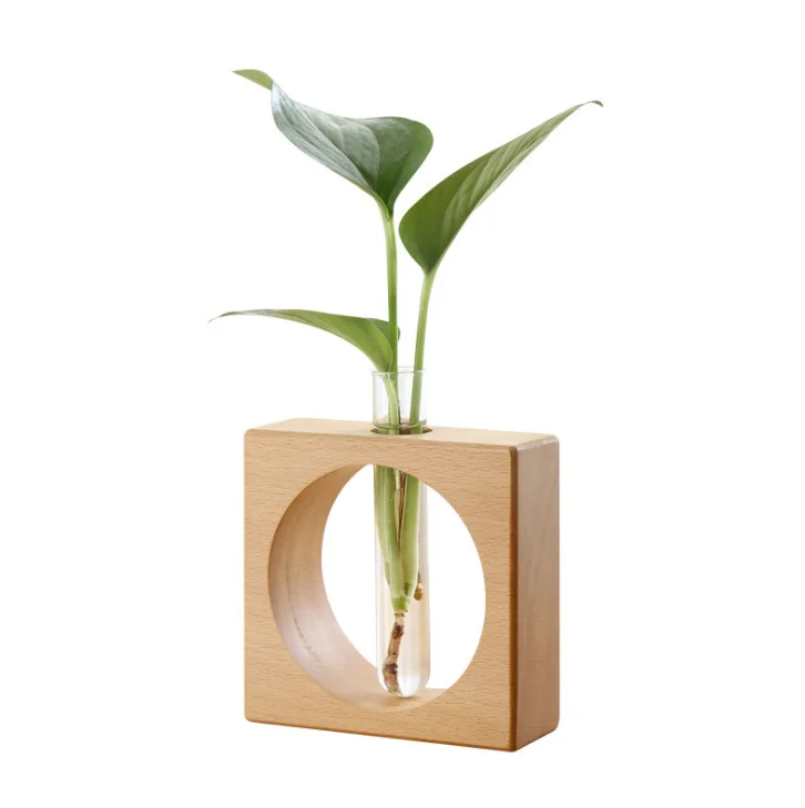 Indoor Office Decorative Beech Wooden Desktop Test Tube Rack Glass Flower Hydroponic Plant Vase Stand for Home Decor