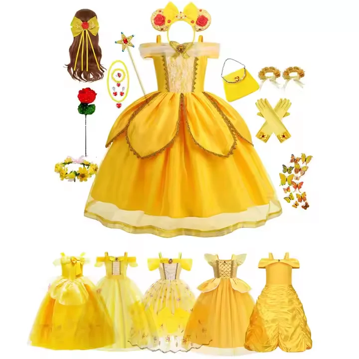 Party Birthday Clothes Yellow Kids Beauty the Beast Belle Belle Dresses up Princess Cosplay Costume for Girls Children