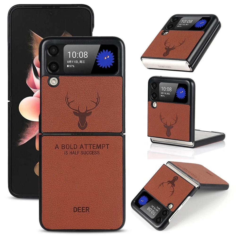 Hot Sale Customized OEM Embossed Logo Deer PU Leather Back Cover for Sumsung Galaxy z flip 3  Mobile Phone Case