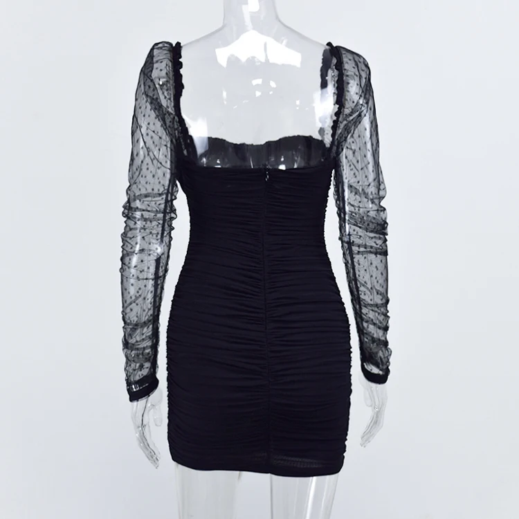
Square Collar Black Solid Color Long Sleeve Ruched Sexy Club Dresses Mesh Dress Mini Summer Dresses Women Bodycon 