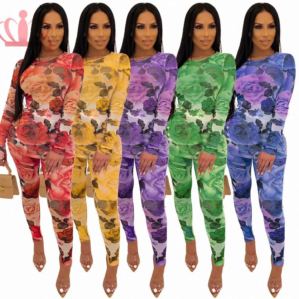 WY6637 polyester 2 Piece Set Floral Mesh Two Piece Set Top and Pants Party Club Outfits Festival Bodycon Matching Set Tracksuit