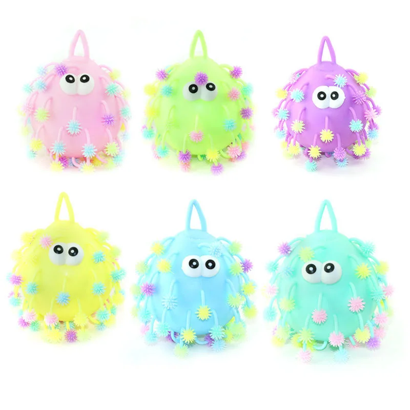 Big size macaron color TPR LED light up squishy soft stress ball toy stress cute hairy toy glowing yoyo puffer flashing ball toy