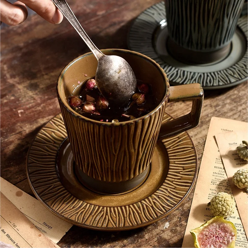 European Nordic Striped Rustic Vintage Style Pottery Mugs Ceramic Handmade Cups