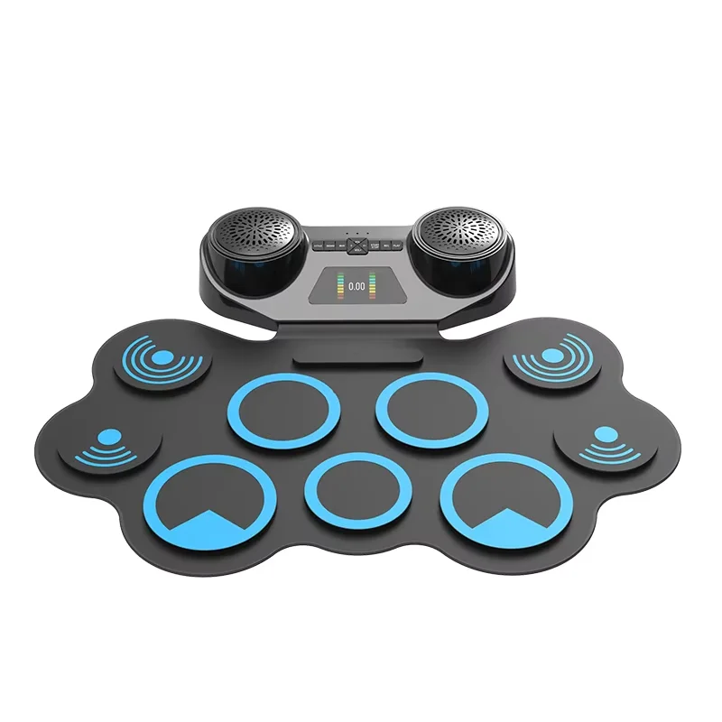 Portable 9 Pads 2 Pedals Electronic Roll Up Drum Set Kit with Built in Speakers Drumsticks and Power Supply