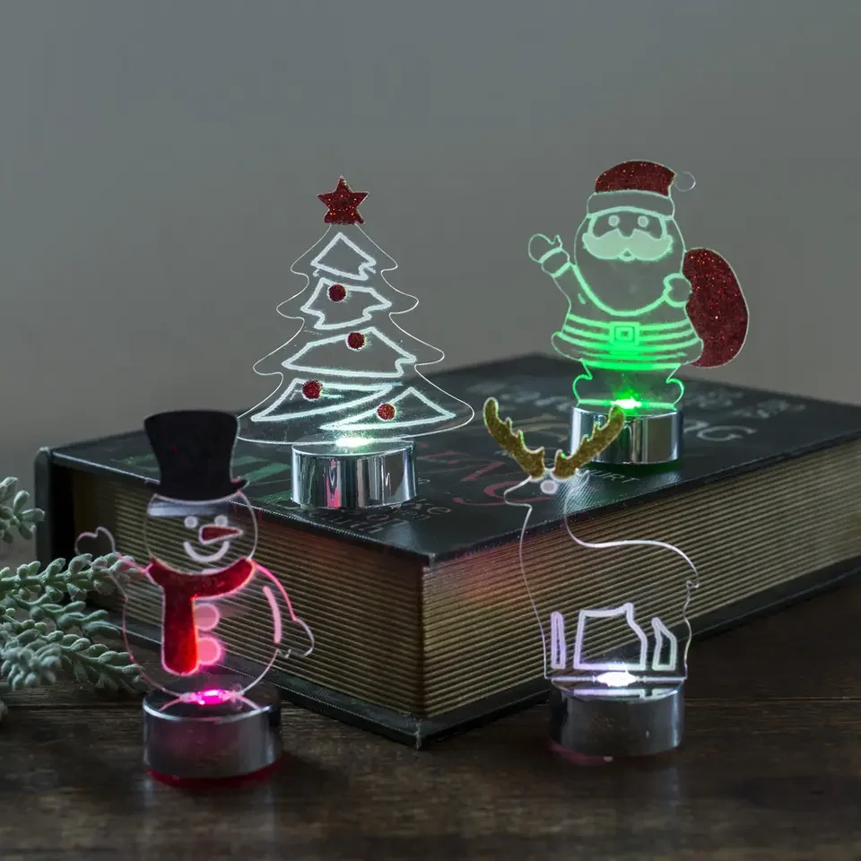 kanlong 9cm XMAS decoration mini acrylic 3D colorful painted santa reindeer tree snowman flashing lamp led night light with Base