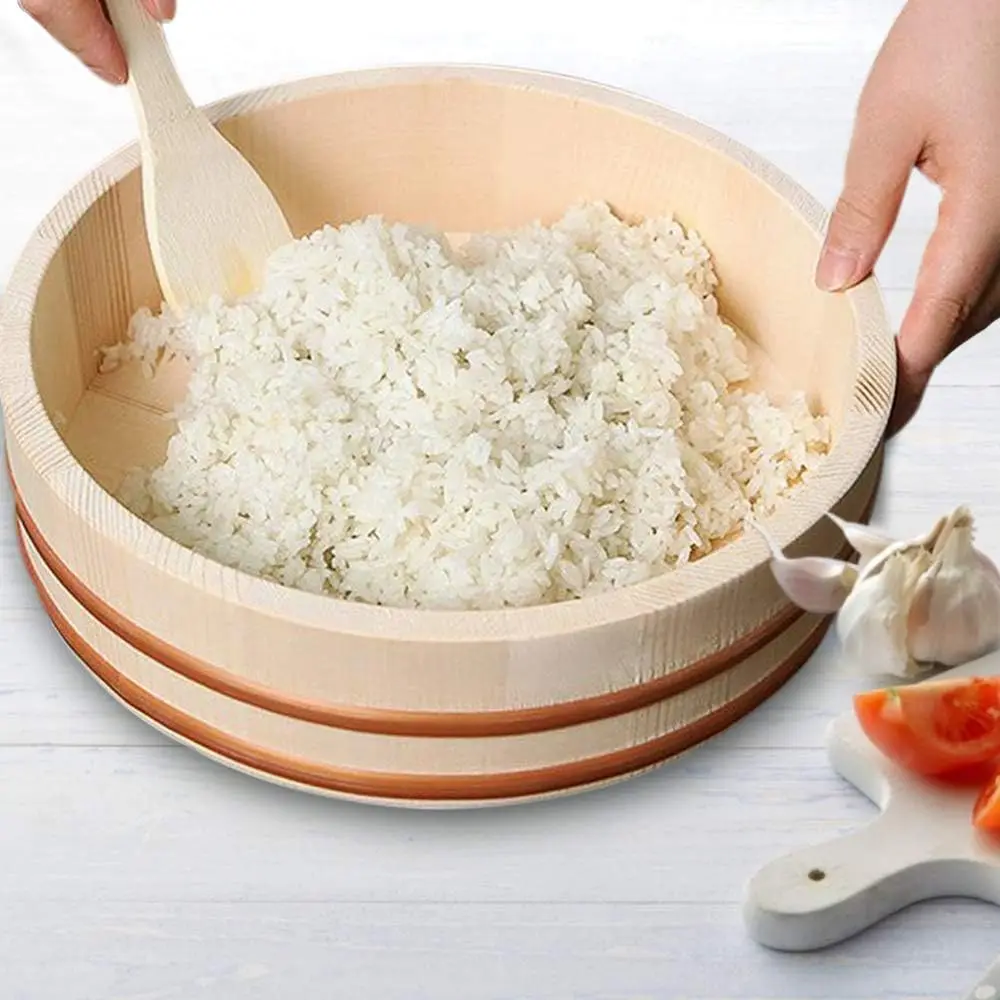 11.8 Inch Round Pine Wooden Sushi Rice Bowl Hangiri Sushi Oke Rice Mixing Tub Bucket