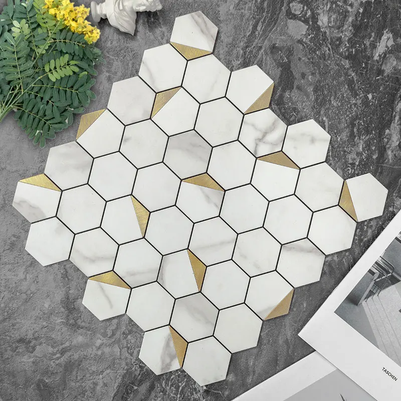 Classic Hexagonal Metal 3D Carrara Marble Look Aluminium Self Adhesive decorative Mosaic Tiles for kitchen backsplash