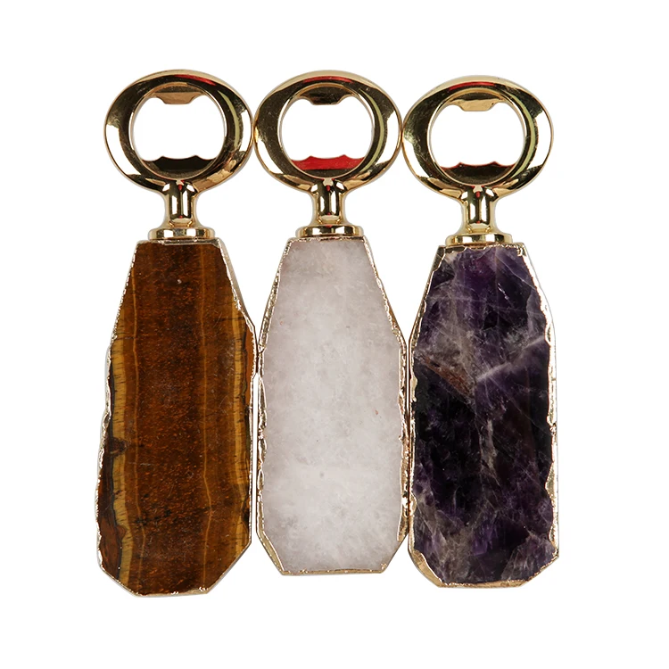 Wedding Party Customized Logo Gemstone Tiger Eye Amethyst Rose Clear Quartz Crystal Beer Bottle Opener