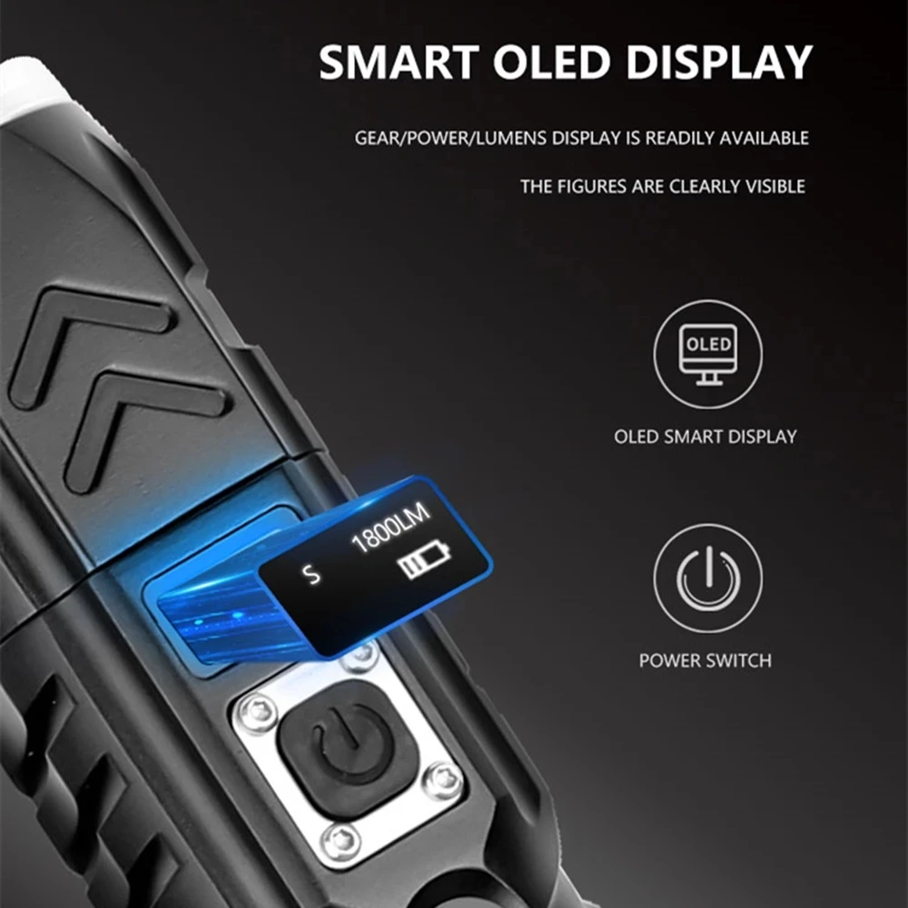 High Powerful  P90 Usb Zoomable Camping Torch With Smart Oled Display Powerful Rechargeable Tactical Led Torches Flashlight