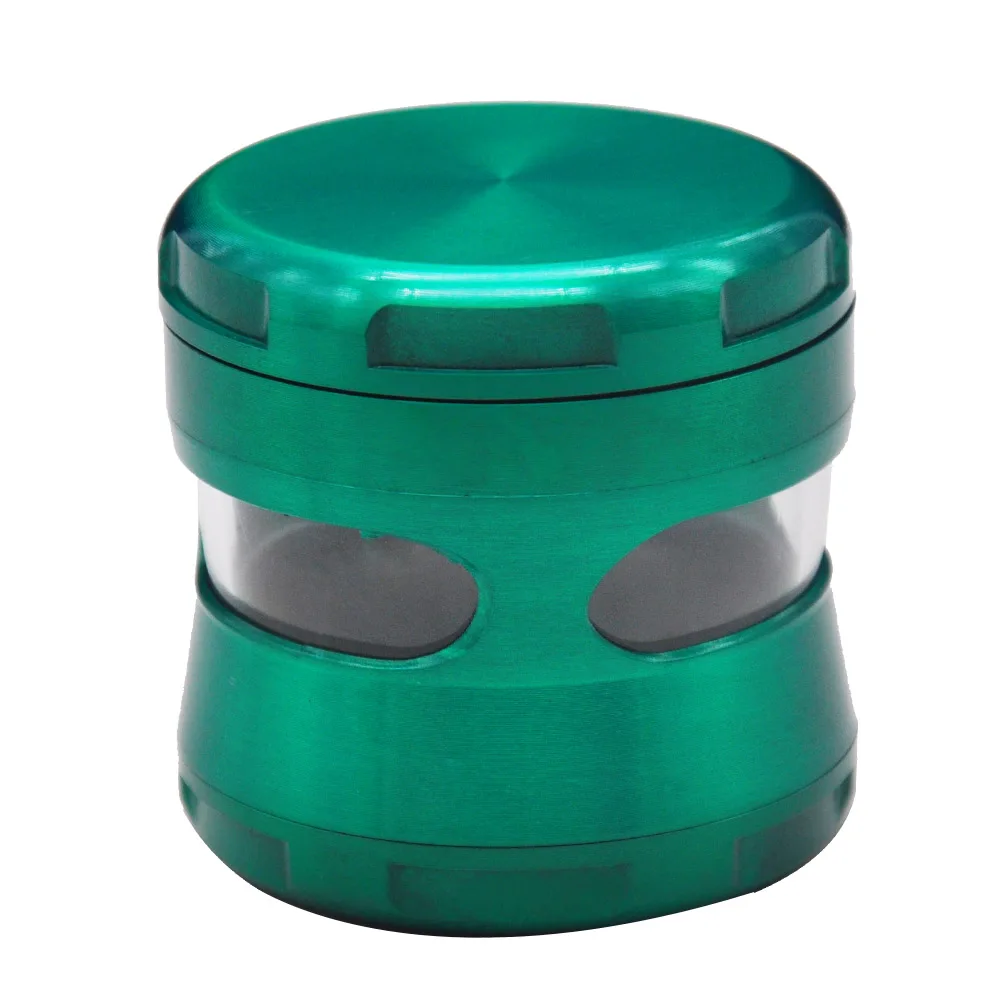 Wholesale Custom Logo Zinc Alloy Metal Green Black Color With Observation Window 63MM 4 Parts Herb Grinder Pepper Mill Crusher