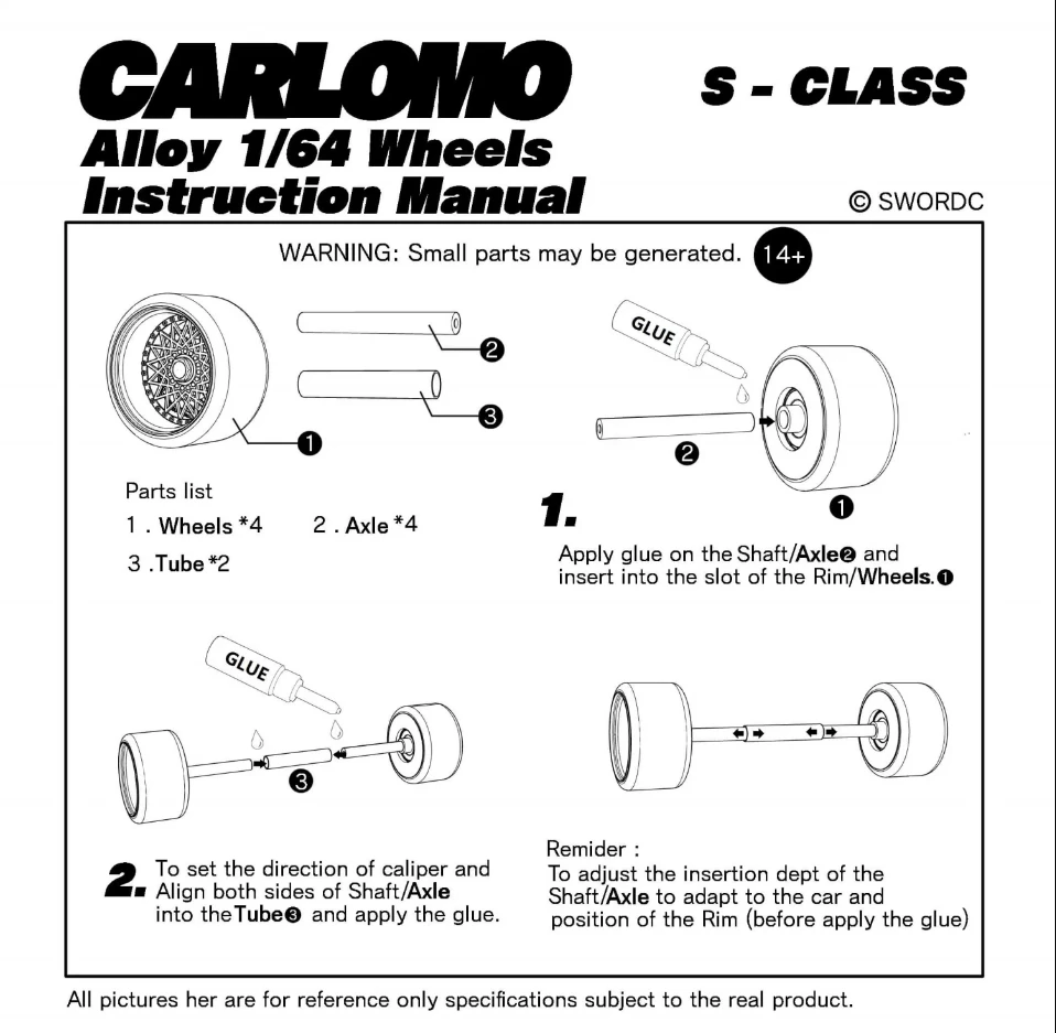 Carlomo 1/64 Scale Alloy Wheels with Brake Disc and Rubber Tires with Axles (4pcs/1 Kit) for Professional Modified Diecast