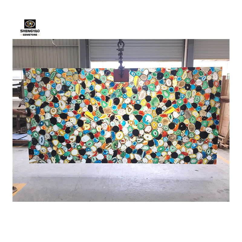 Semi Precious Stone Slab/Multicolor Rainbow Agate Backlit Slab With Glass Baseplate