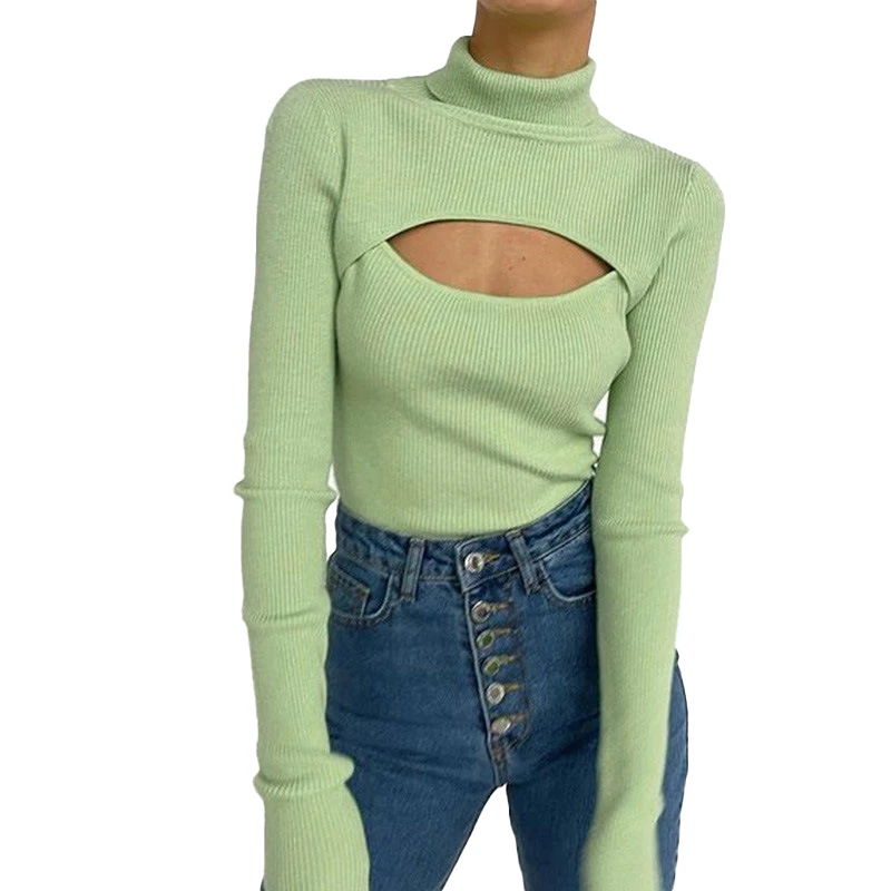 Fall 2021 Full Sleve Clothes Autumn Fashion Solid Color  Turtleneck Tops Hollow Out Female Knitted Long Sleeve Tops For Women