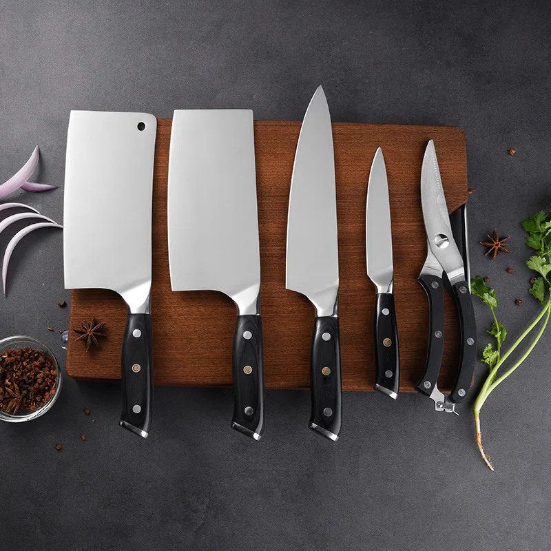 Amazon Hot 6PCS Full Tang Sharp 5CR15MOV Kitchen Chinese Cleaver Knife Set Scissor with wooden knife holder in stock