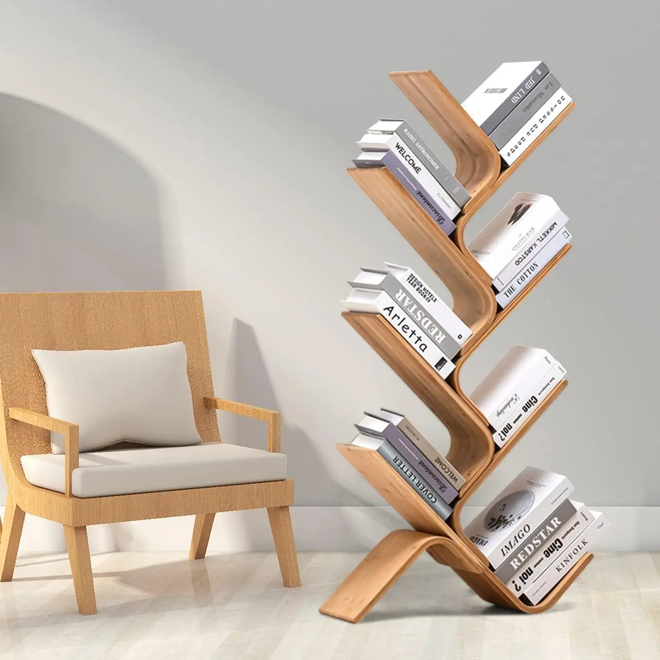 7-story bamboo tree modern bookshelf, creative curved vertical bookshelf shelf, book storage organizer shelf, display floor