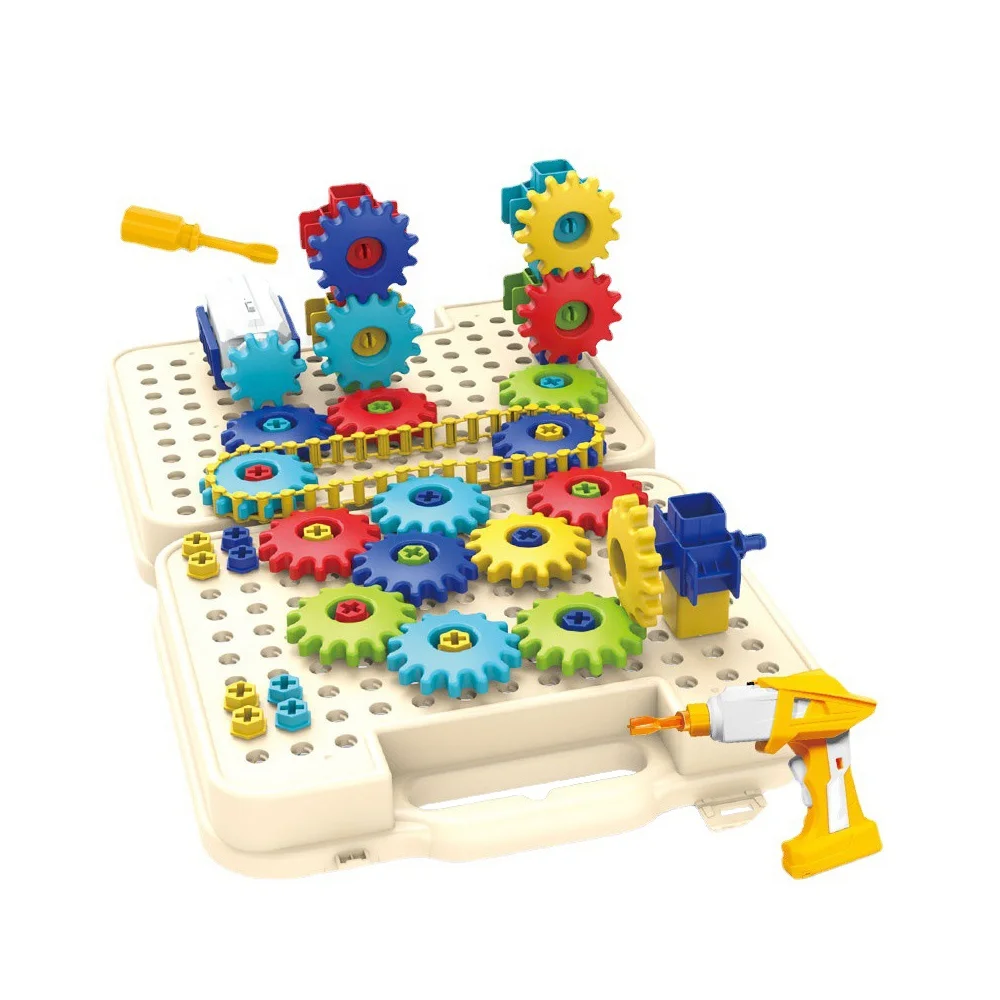 222pcs DIY assembly electric gear spinning building block drilling screw creative tool box puzzle blocks for kid educational toy