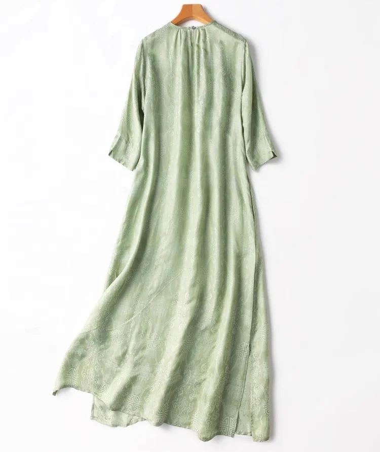 Birdtree Natural Silk Damask Dresses Women Round Collar Loose Jacquard Short Sleeve Midi Cheongsam Robe Dress Summer D36332JM