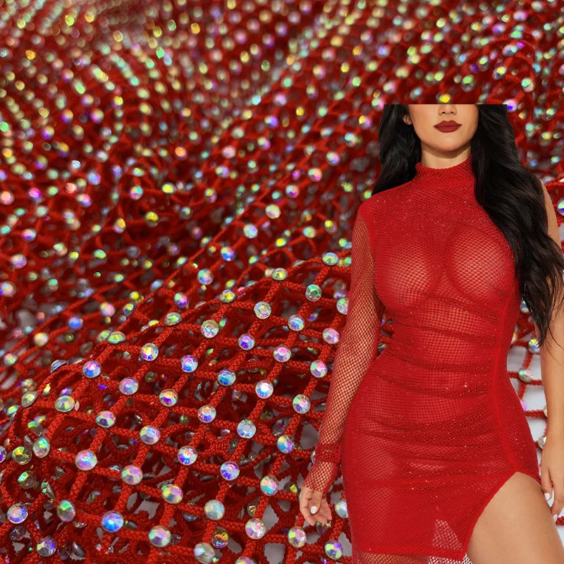 Hot Selling exquisite 100% polyester fabric AB/clear SS12 shiny silver crystal rhinestone mesh net fabric dancing dress costume