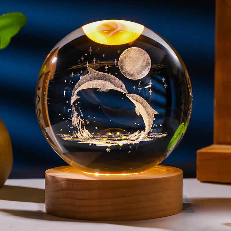 Led USB Interior Carved Crystal Ball Table Lamp Jellyfish Moon 3d Crystal Ball Night Light With Wooden Base