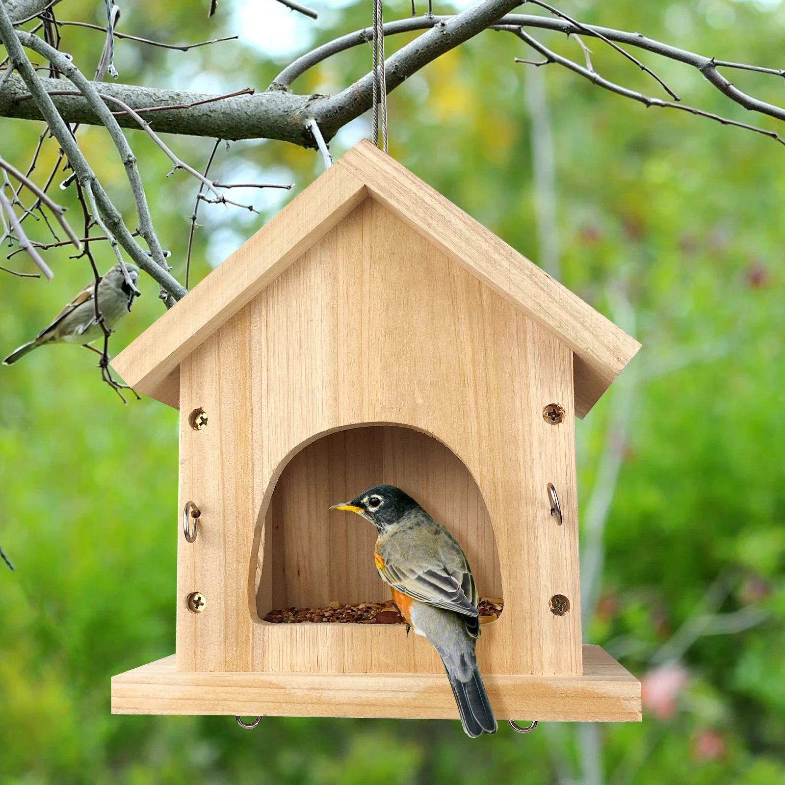 Wooden Bird Feeder Multifunctional Bird Feeder Box Hanging Cedar Wood Wild Bird Feeder Easy to Clean & Fill