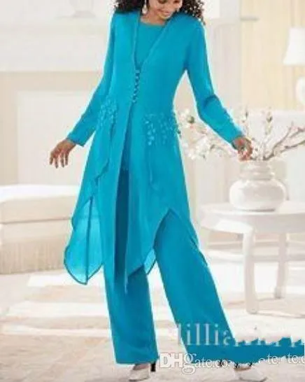 Ingots Elegant Plus Size Mother Of Bride Pant Suits Chiffon With Long Sleeves Jewel Neck Ruffles with JacketOther Ingots