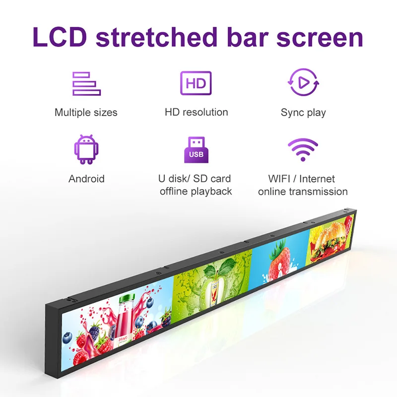 Custom size 23.1 35 46.6 inch stretched bar type indoor lcd advertising digital signage strip screen for retail shelf edge