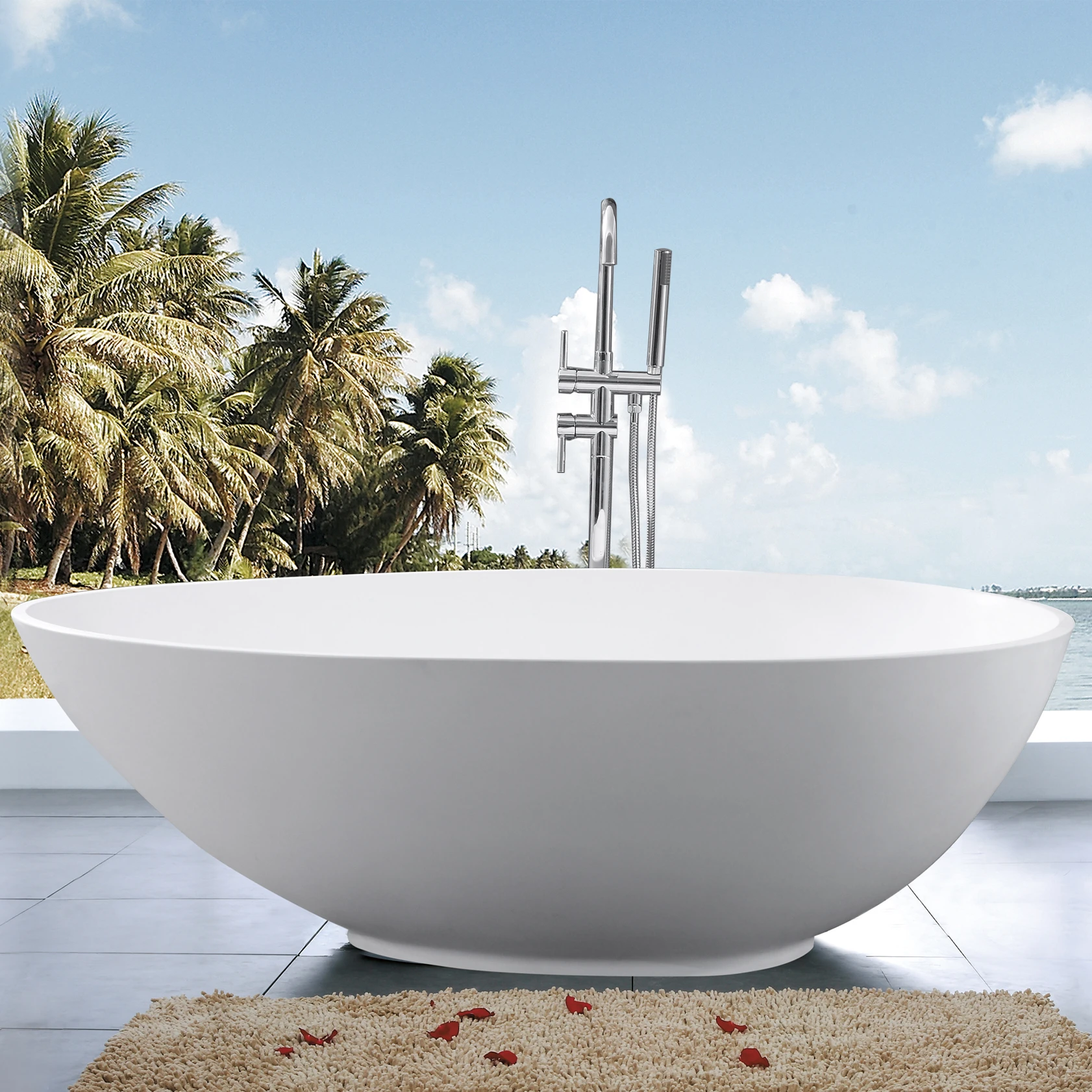 Italian style popular pure white cast stone freestanding bathtub-oval stone resin bathtub