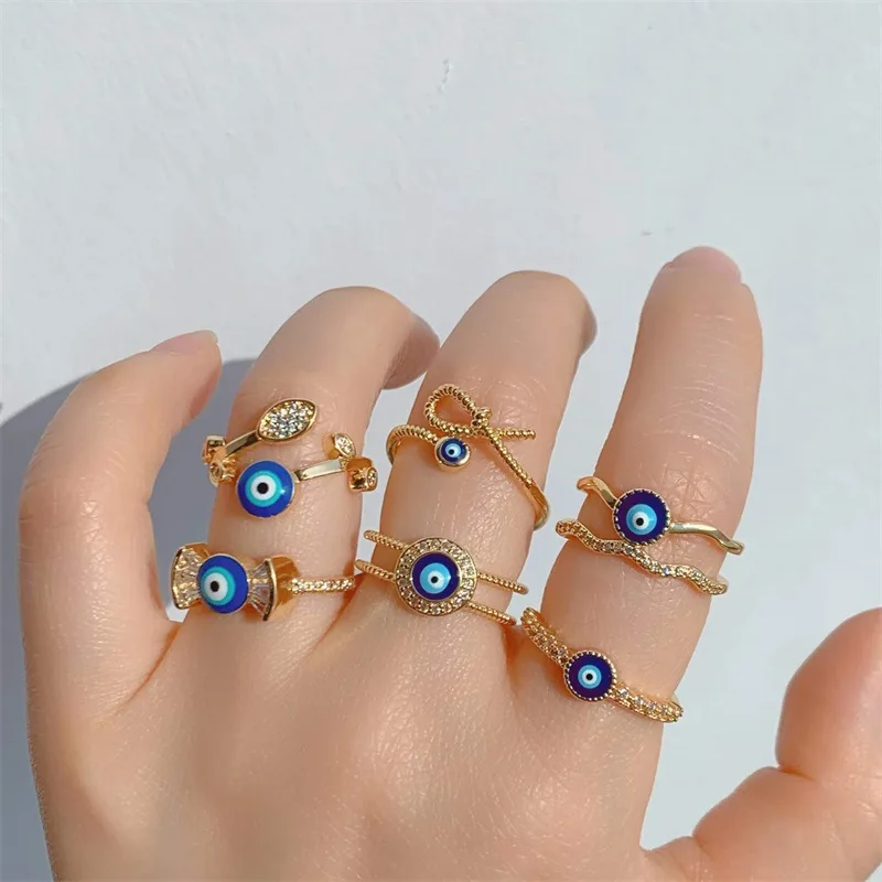 New Design Turkish Blue Eye Finger Ring Jewelry Open Adjustable Dainty Oil Drop 18K Gold Plated Evil Eyes Rings Women