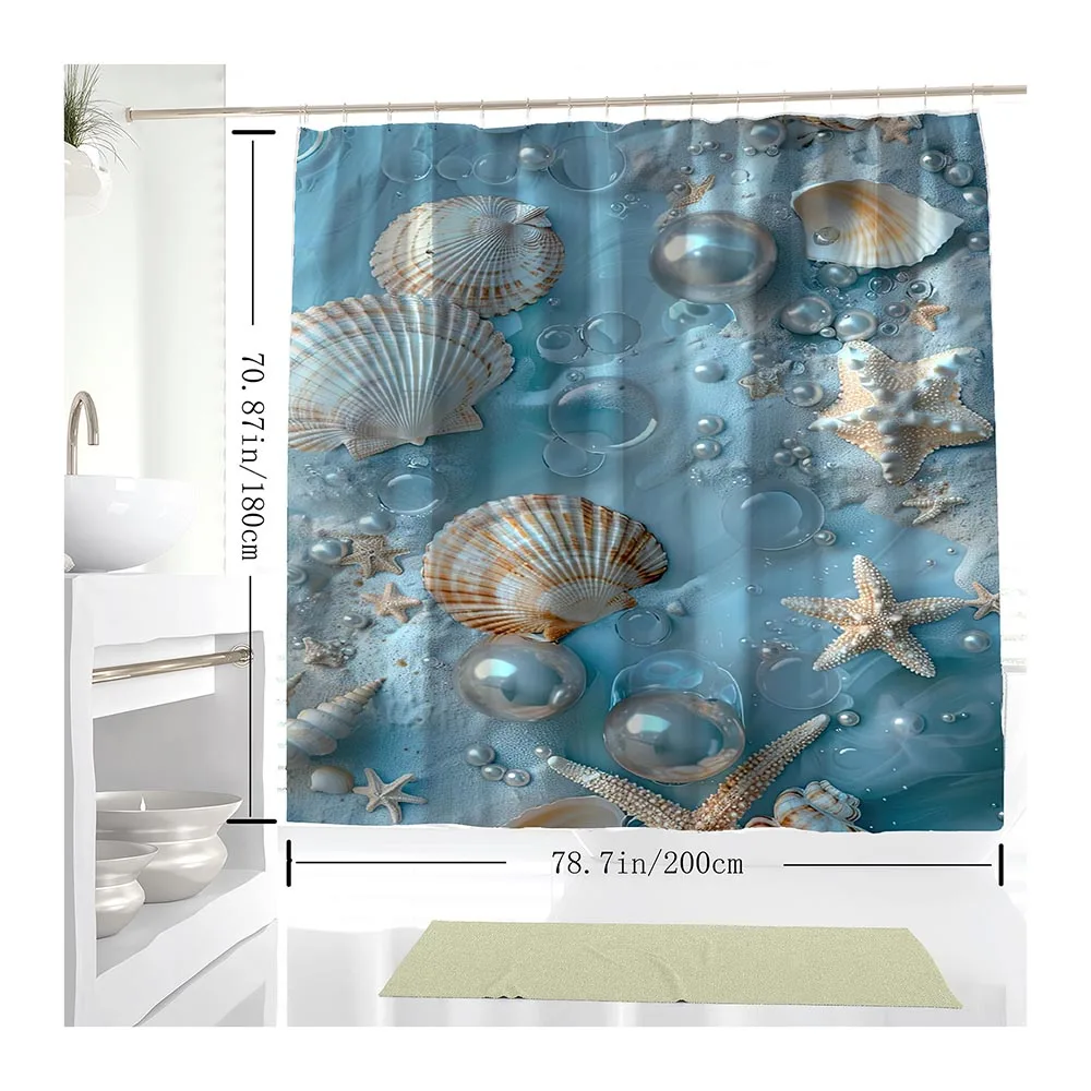 Sea Shell Print Waterproof 3D Custom Shower Curtain Polyester Bathroom Shower Curtain Set For Bathroom Curtains