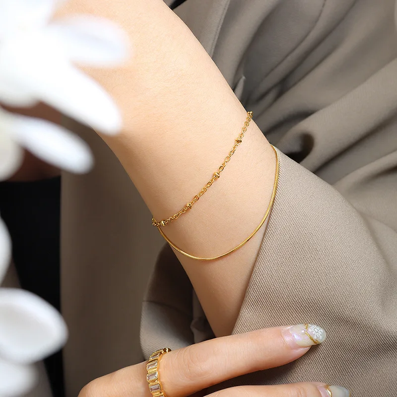 Custom 18k Double Snake-Bone Non-Tarnish Bead Chain Bracelet 316l Stainless Steel Snake Bracelet
