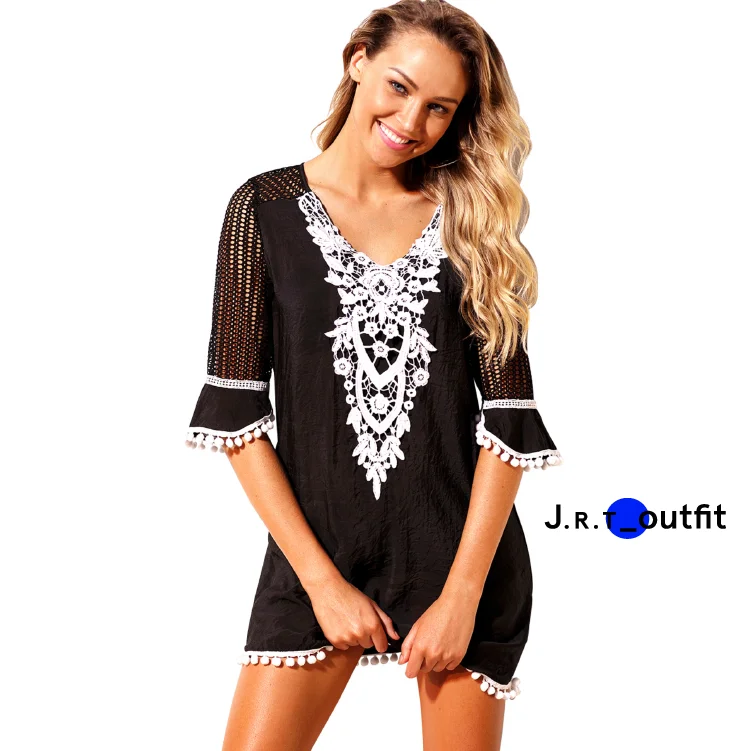 Ladies Solid Color V-neck Half Sleeve Lace Swimwear Sexy Crochet Hollow Summer Beach Dress