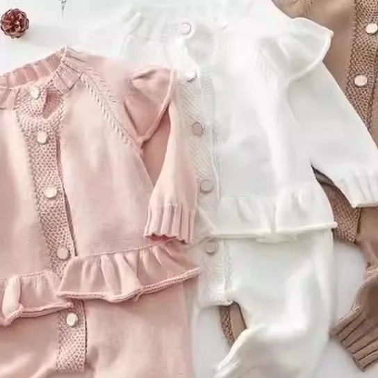 Xiximi 100%Cotton Autumn And Winter Baby Girls Long Sleeve Overall Ribbed Romper Cotton Wool Knitted Jumpsuit Fairy Romper