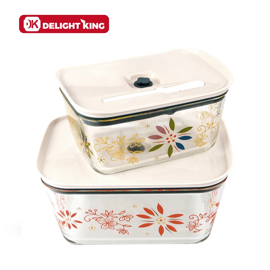 Vacuumed glass food container with vacuum rod for keeping food fresh glass food containers set