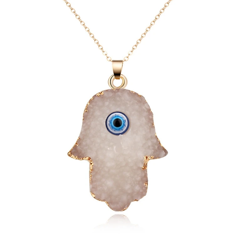 Trendy Resin Druzy Stone Charm Evil Eyes Fatima Hamsa Hand Pendant Necklace Jewelry For Women