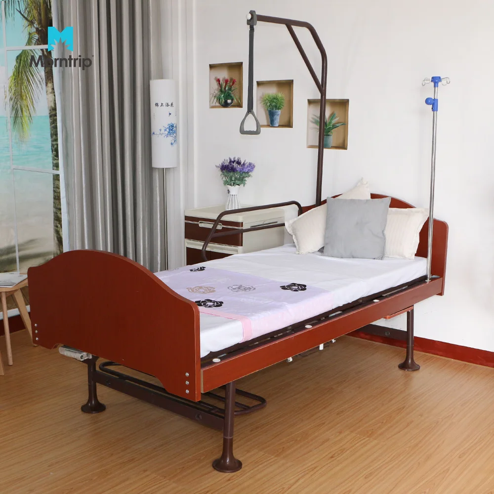 Factory Direct Wooden Nursing Home Patient Recovery Back Lift Fowler Medical Hospital Bed with Over Bed Pole Hoist