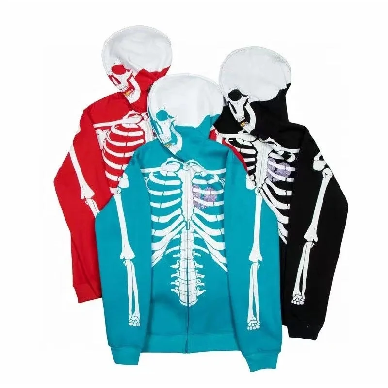 Custom print reflective zip up hoodie french terry cotton high quality streetwear skull printing full face zip hoodie for men