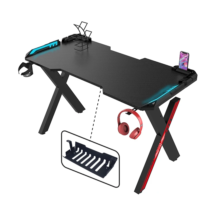 Black Ergonomic RGB LED Light E-sports Gamer Pc Gaming Desk Custom X-Shaped Carbon Fiber Desktop Computer Gaming Table