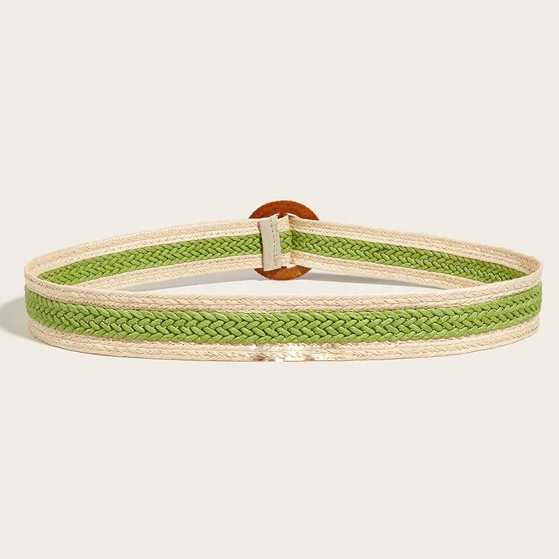hot selling natural materials wood buckle custom elastic braided ladies belt